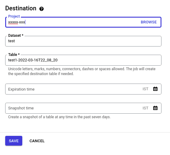 BigQuery Restore Deleted Tables: Create snapshot step 2